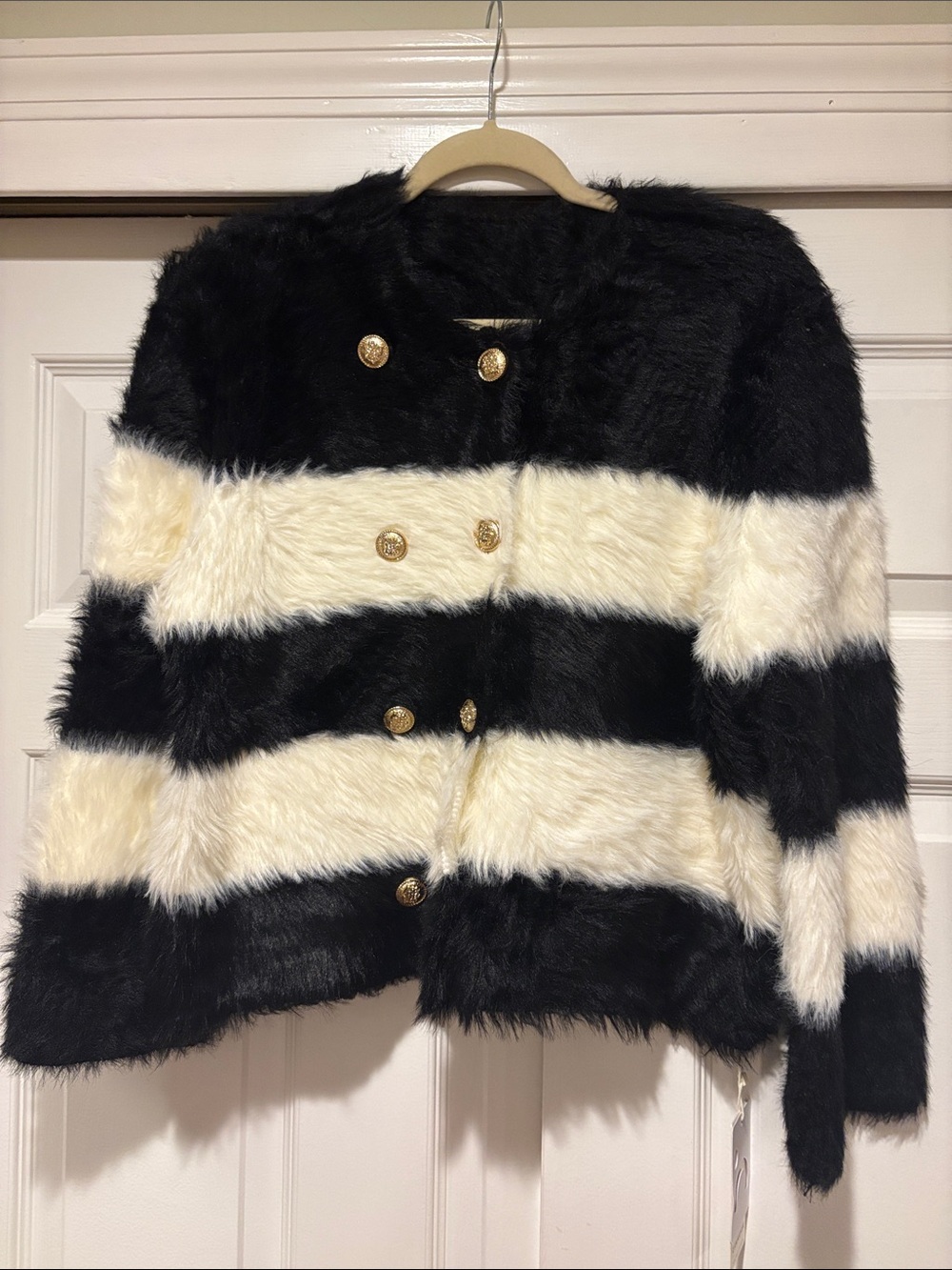 Commense Black & Ivory Striped Faux Fur Jacket with double breasted placket